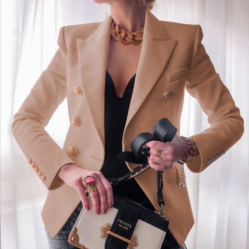 Women's Double-Breasted Blazer Peak Lapel Gold-Button Structured Fitted Tailored