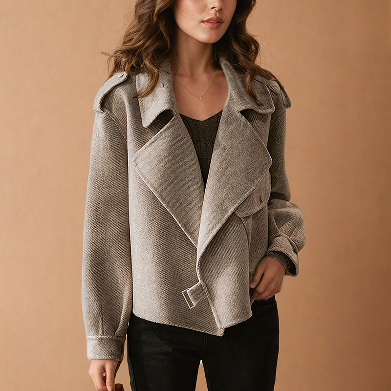 Women's Crepe Cropped Jacket Oversized Notch Lapel Open-Front Drape Gray