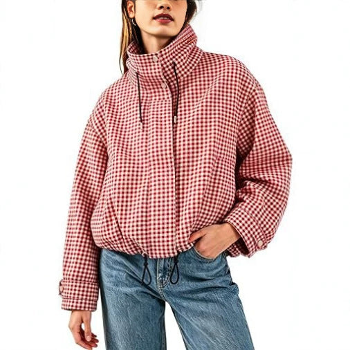 Women's Gingham Check Cropped Jacket Padded Stand Collar Zip-Up Oversized Warm