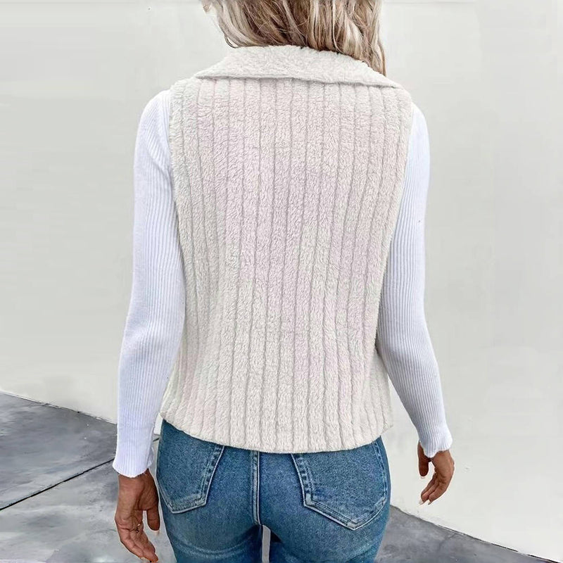 Women's Sherpa Fleece Vest Lapel Collar Sleeveless Open-Front Ribbed Cozy