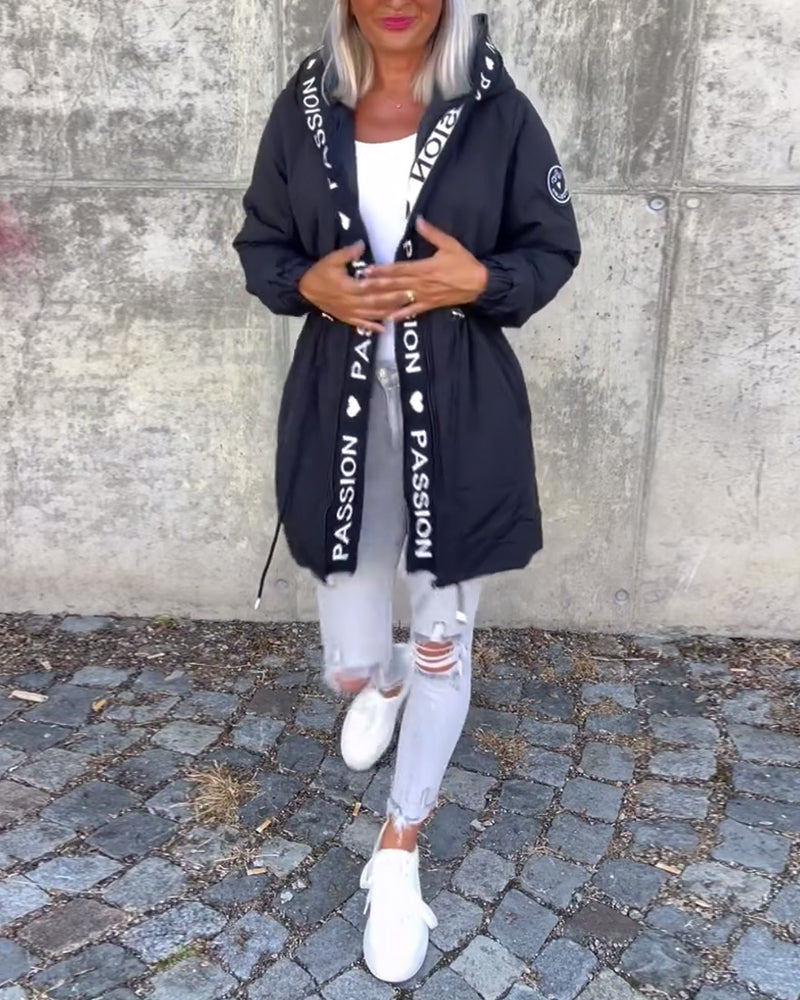 Women's Hooded Padded Coat Drawstring Waist Letter-Trim Zip-Up Warm