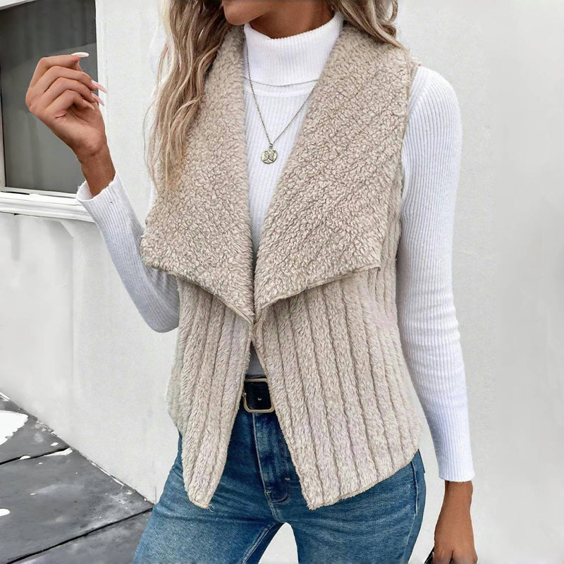 Women's Sherpa Fleece Vest Lapel Collar Sleeveless Open-Front Ribbed Cozy