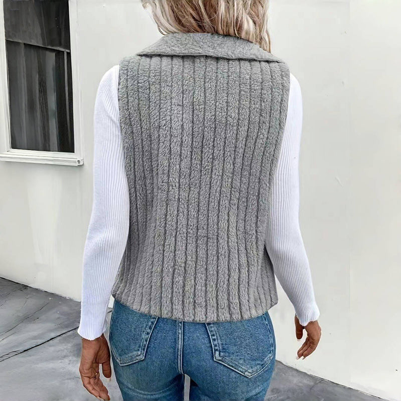 Women's Sherpa Fleece Vest Lapel Collar Sleeveless Open-Front Ribbed Cozy
