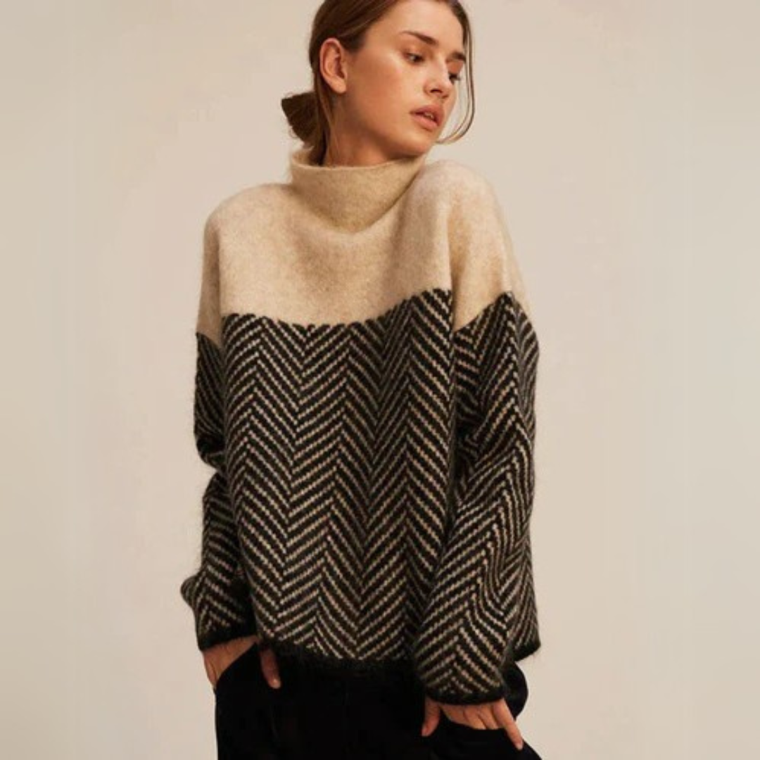 Women's Herringbone Turtleneck Sweater Colorblock Chunky Oversized Funnel-Neck