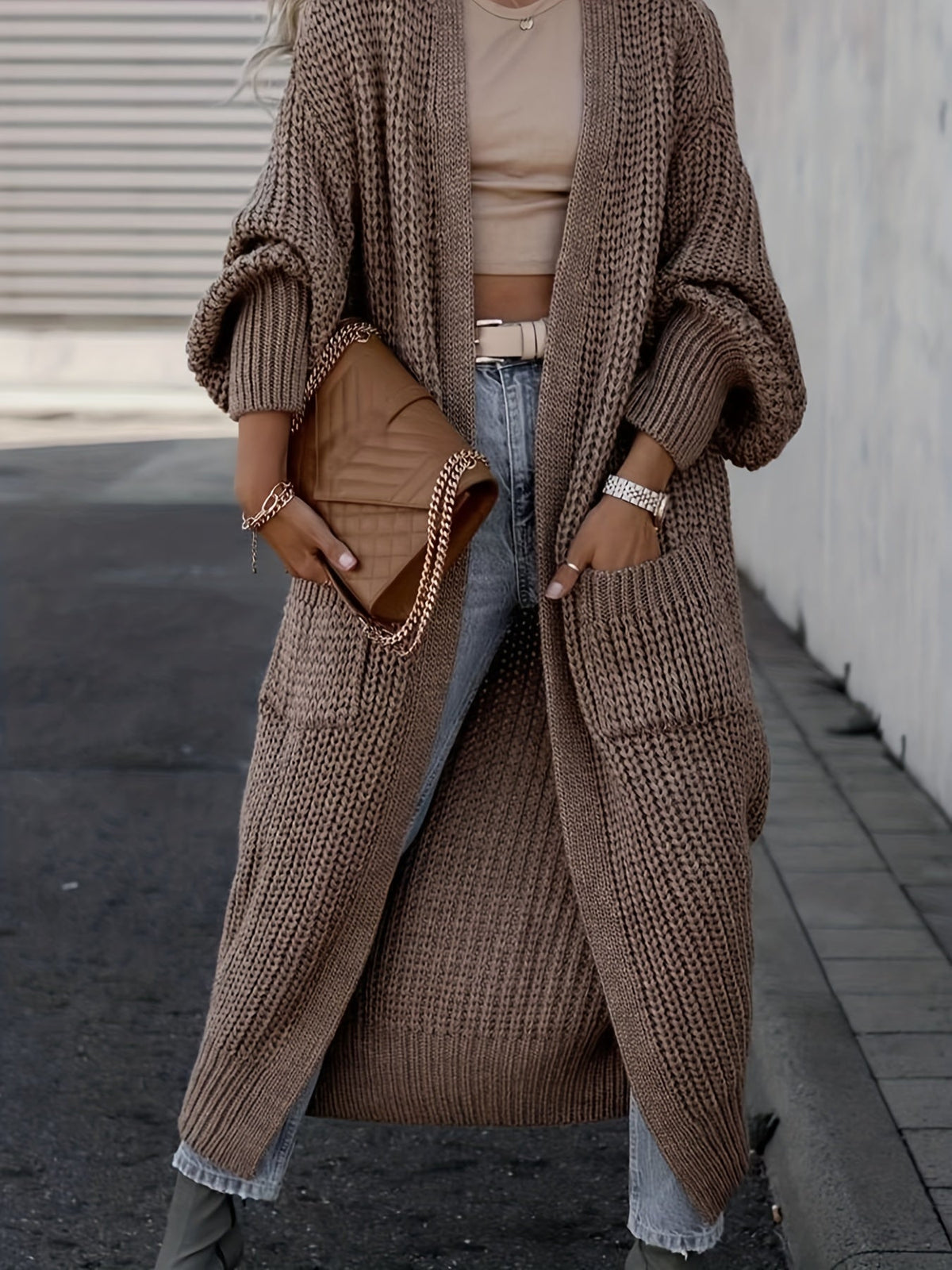 Women's Wool Knit Longline Cardigan Open-Front Chunky Patch-Pocket Maxi
