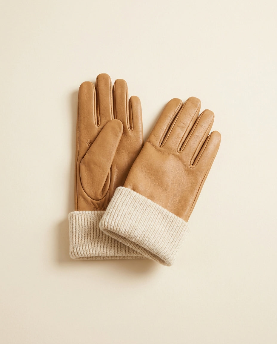 Pair of camel gloves with a contrast cream cuff on a cream studio backdrop