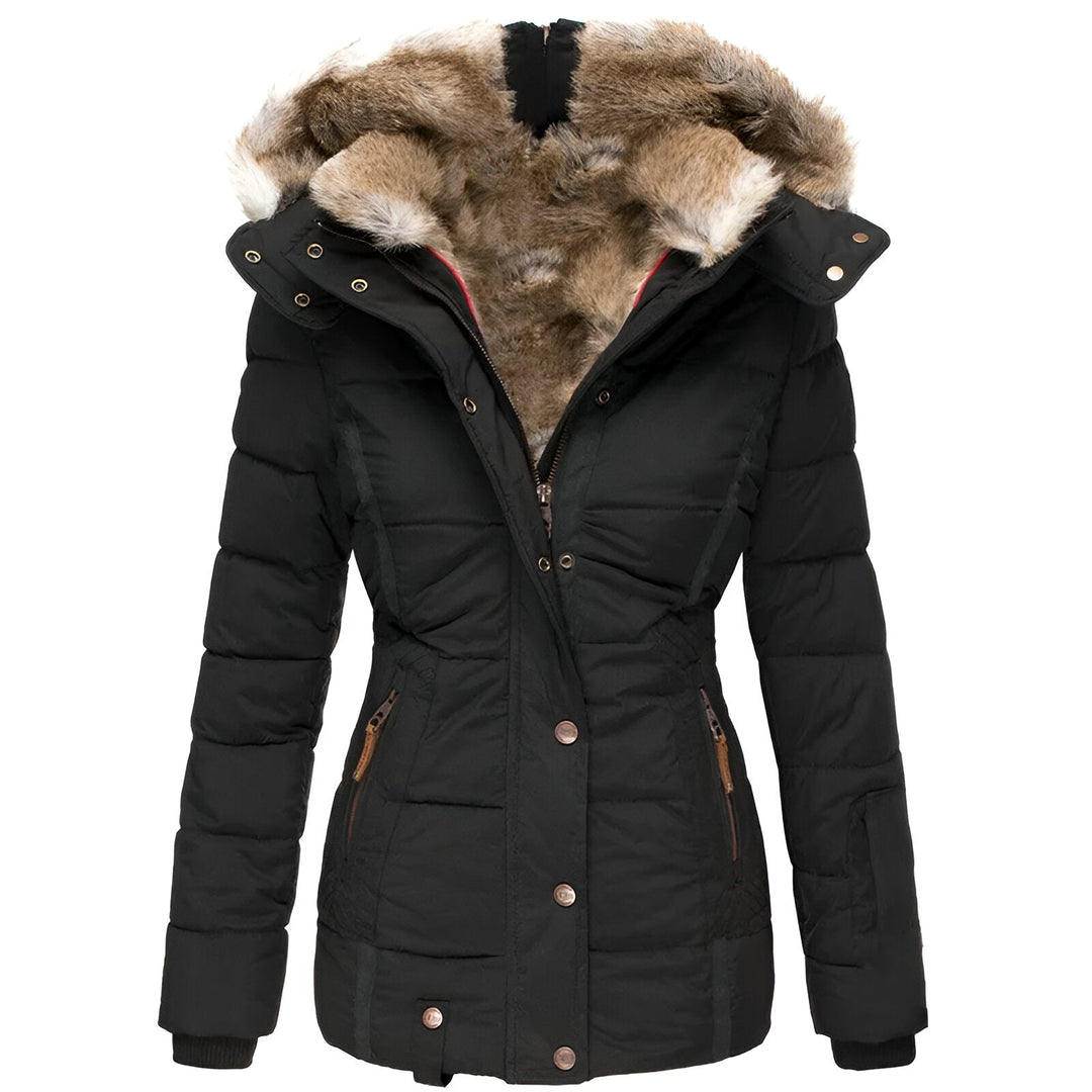 Women's Quilted Puffer Jacket Faux-Fur Hood Fitted-Waist Zip-Up