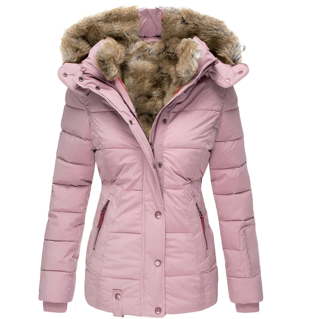 Women's Quilted Puffer Jacket Faux-Fur Hood Fitted-Waist Zip-Up