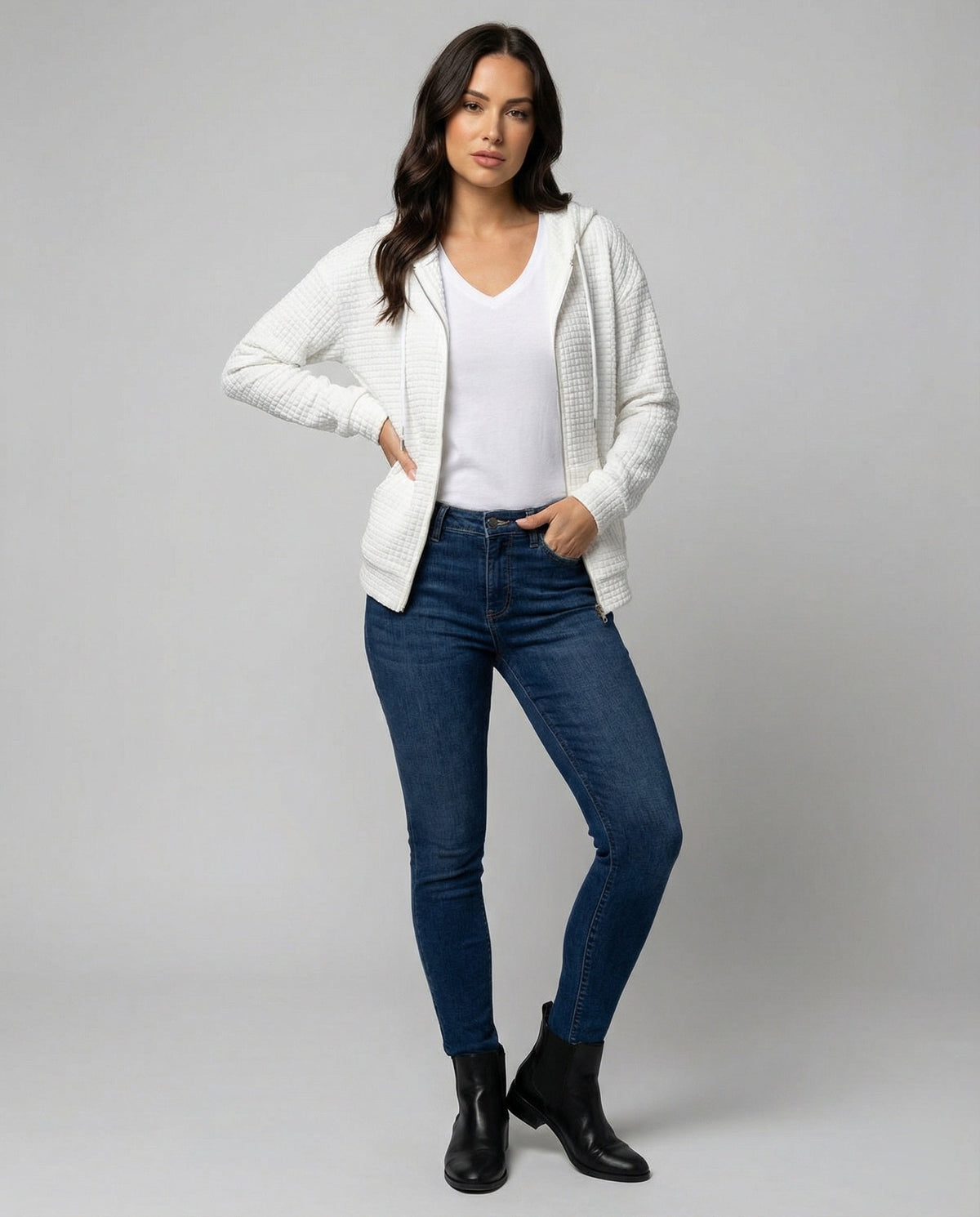 Women's Waffle Textured Fleece Jacket Hooded Full-Zip Quilted Relaxed