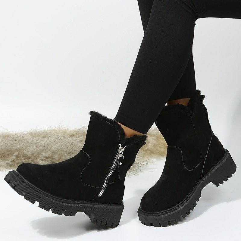 Women's Fur-Lined Snow Boots Suede Side-Zip Lug-Sole Ankle Warm