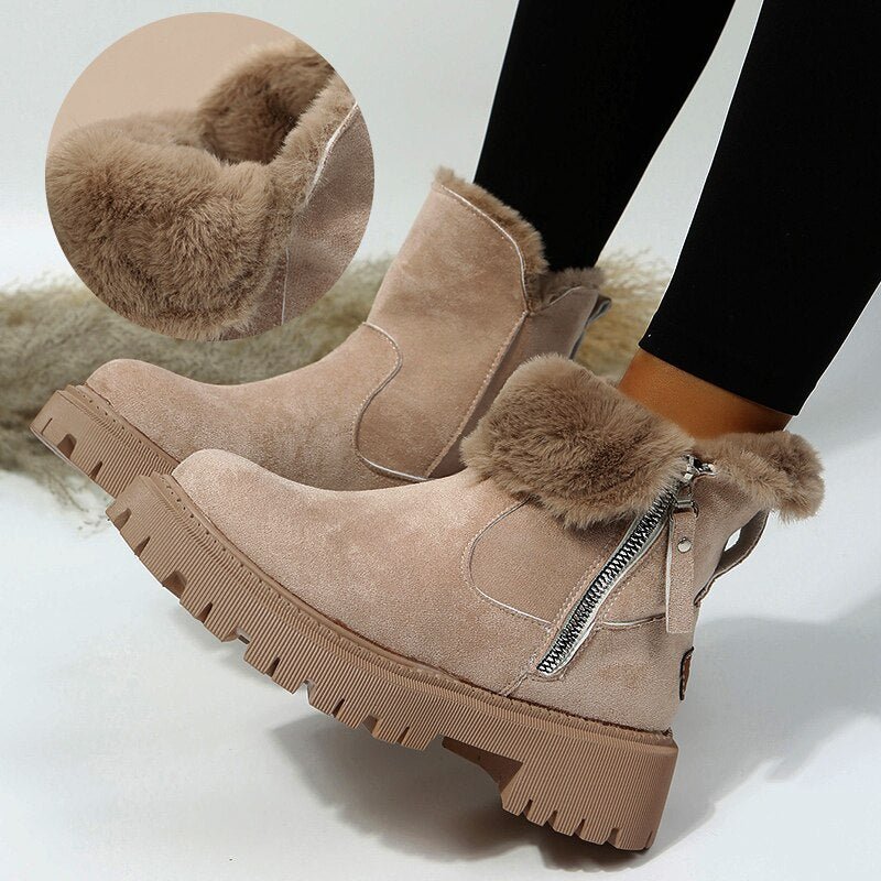 Women's Fur-Lined Snow Boots Suede Side-Zip Lug-Sole Ankle Warm