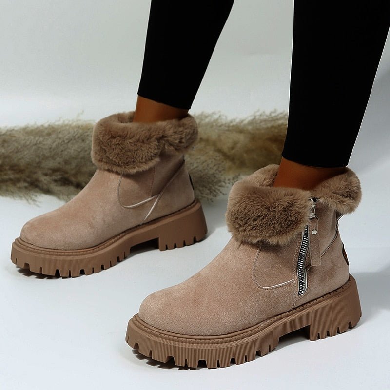 Women's Fur-Lined Snow Boots Suede Side-Zip Lug-Sole Ankle Warm