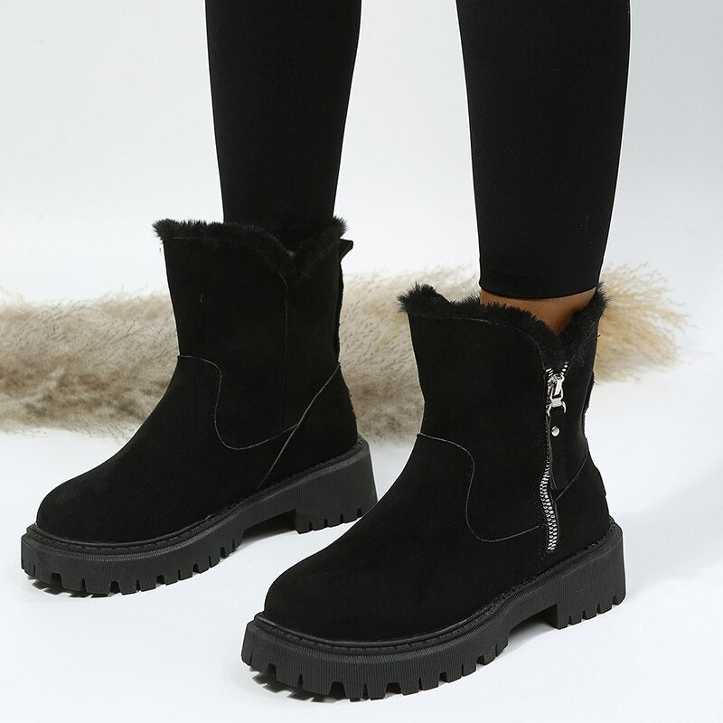 Women's Fur-Lined Snow Boots Suede Side-Zip Lug-Sole Ankle Warm