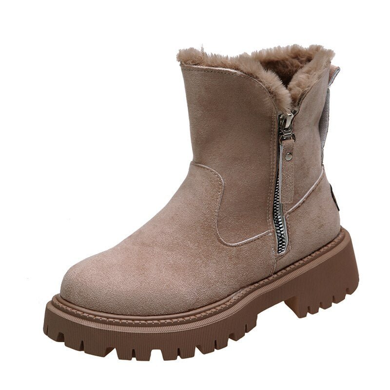 Women's Fur-Lined Snow Boots Suede Side-Zip Lug-Sole Ankle Warm
