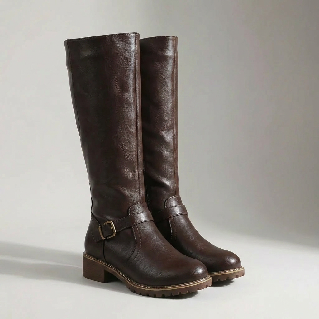 Women's Leather Knee-High Riding Boots Buckle Block Heel Lug-Sole