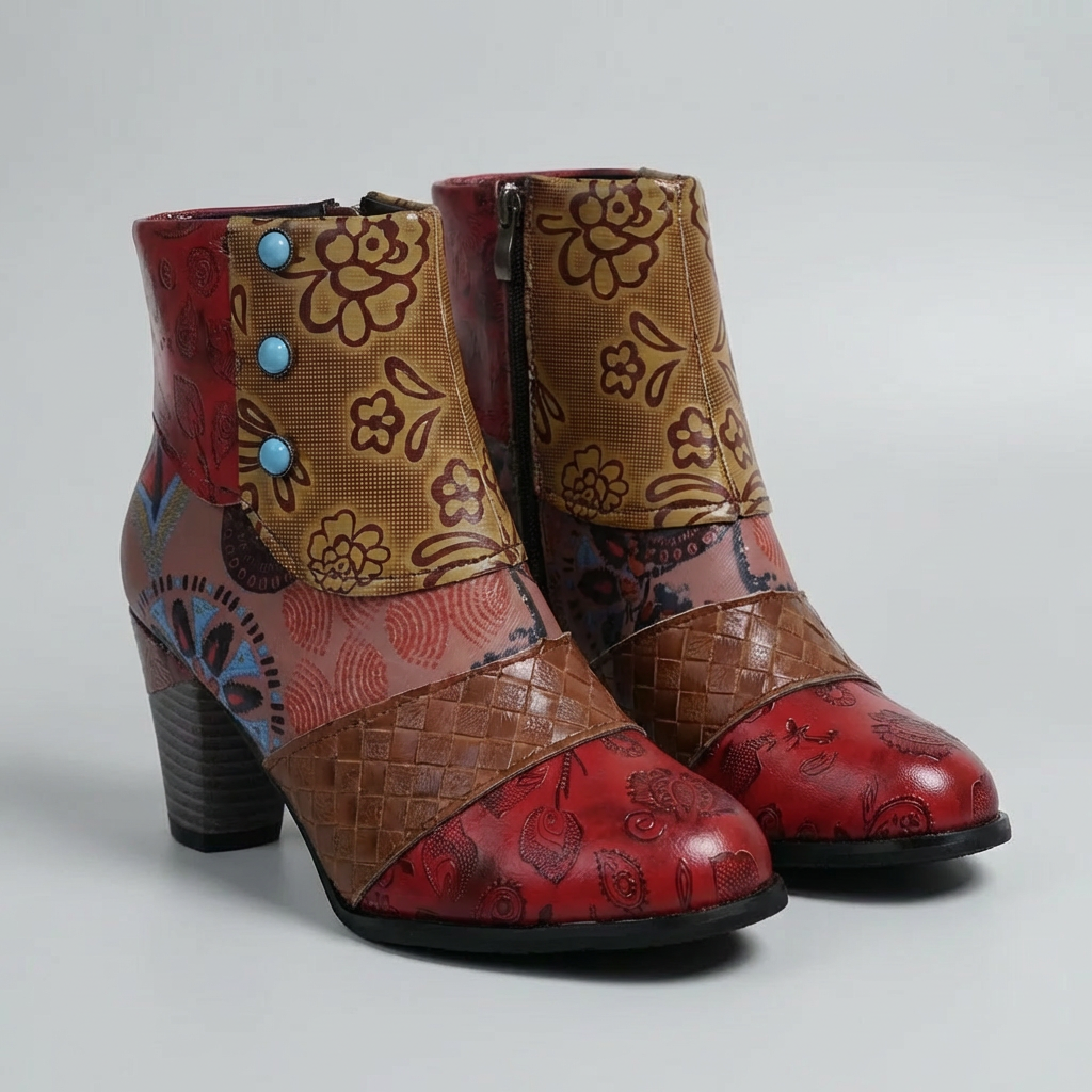 Women's Patchwork Leather Ankle Boots Floral Embossed Block Heel Boho