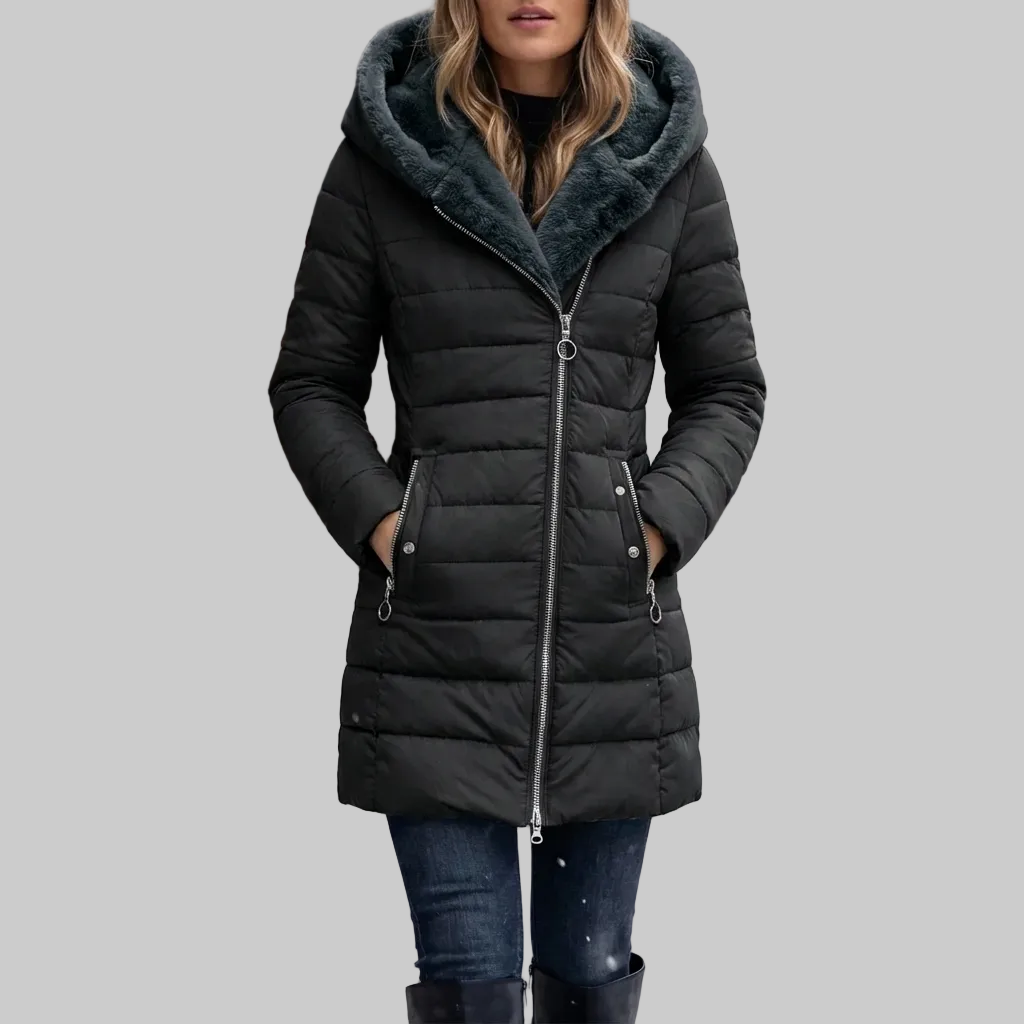 Women's Padded Hooded Puffer Coat Faux-Fur-Lined Mid-Length Fitted