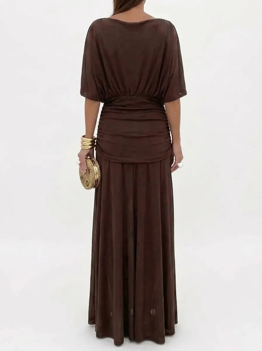 Women's V-Neck Maxi Dress Ruched Kimono-Sleeve Empire-Waist Flowy Elegant