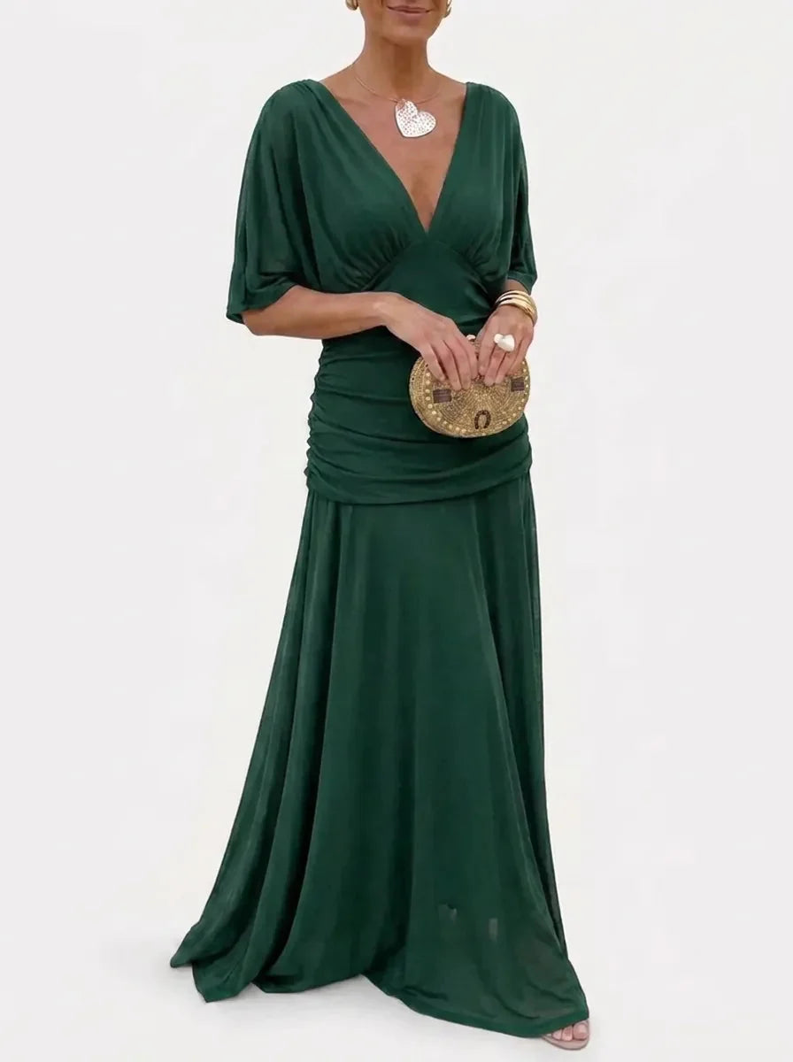 Women's V-Neck Maxi Dress Ruched Kimono-Sleeve Empire-Waist Flowy Elegant