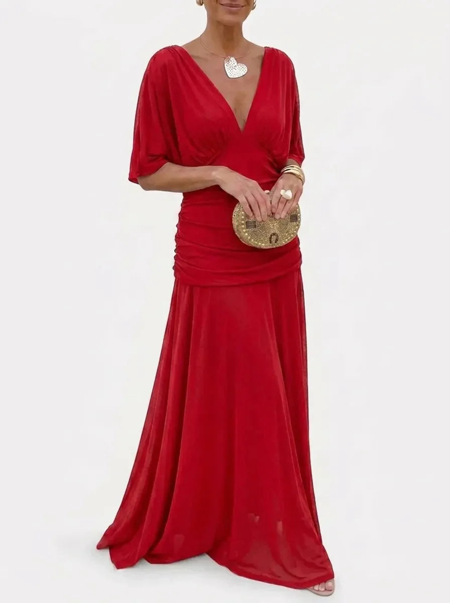 Women's V-Neck Maxi Dress Ruched Kimono-Sleeve Empire-Waist Flowy Elegant