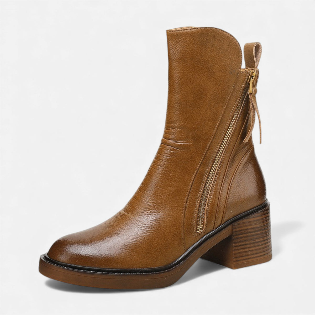Women's Leather Ankle Boots Side-Zip Block-Heel Round-Toe Classic