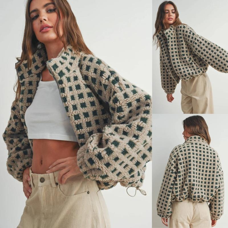 Women's Check Sherpa Fleece Jacket Stand Collar Zip-Up Cropped Boxy