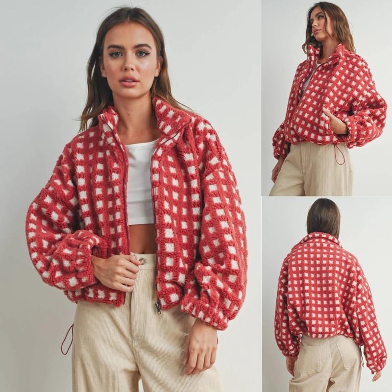 Women's Check Sherpa Fleece Jacket Stand Collar Zip-Up Cropped Boxy