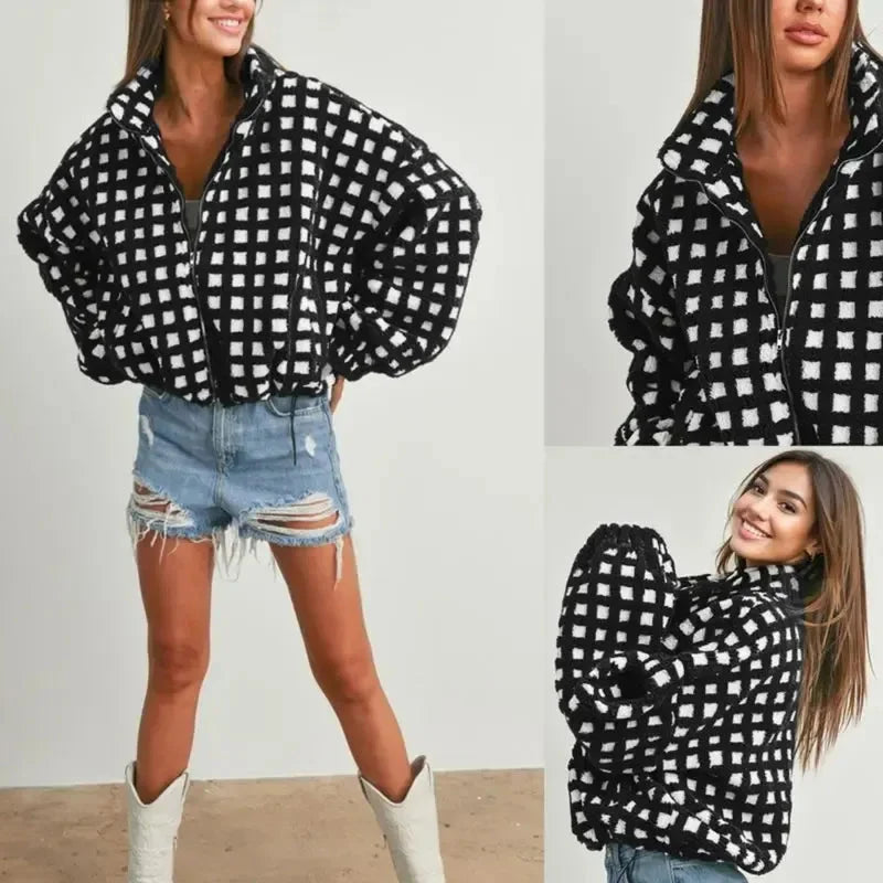 Women's Check Sherpa Fleece Jacket Stand Collar Zip-Up Cropped Boxy