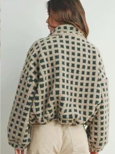 Women's Check Sherpa Fleece Jacket Stand Collar Zip-Up Cropped Boxy