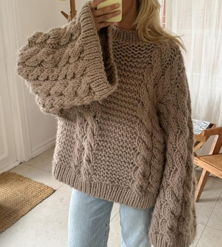Women's Chunky Cable Knit Sweater Crewneck Oversized Hand-Knit Textured