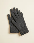 Pair of charcoal ribbed touchscreen gloves laid flat on a cream studio backdrop