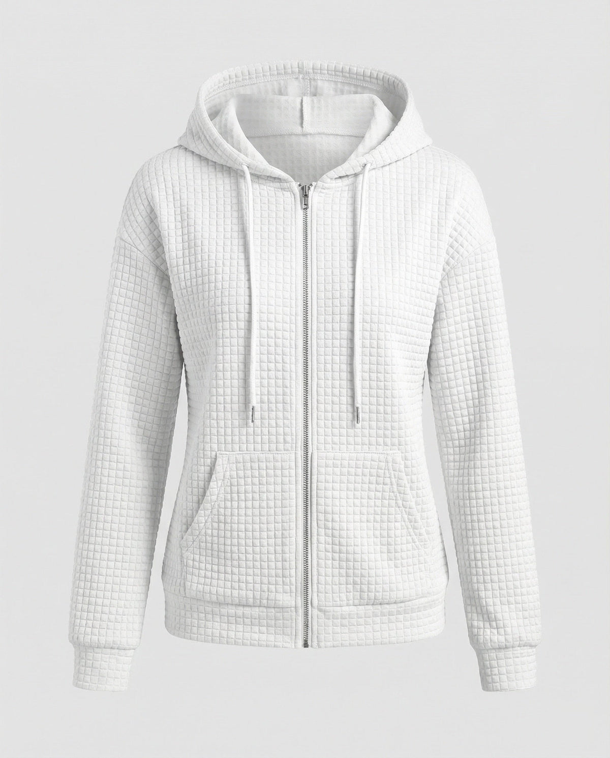 Women's Waffle Textured Fleece Jacket Hooded Full-Zip Quilted Relaxed