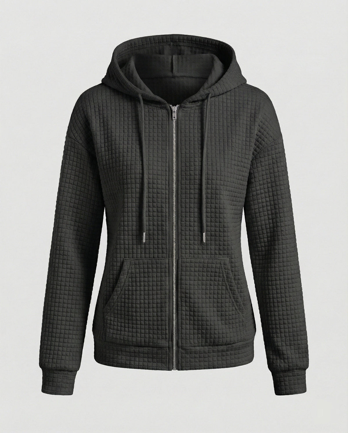 Women's Waffle Textured Fleece Jacket Hooded Full-Zip Quilted Relaxed