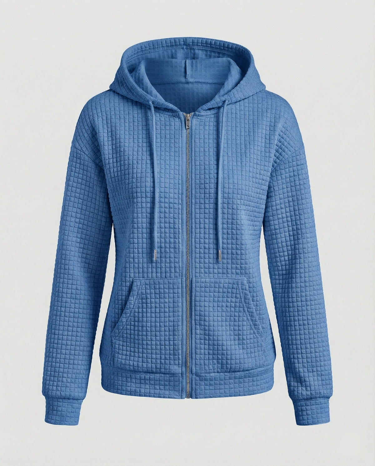 Women's Waffle Textured Fleece Jacket Hooded Full-Zip Quilted Relaxed