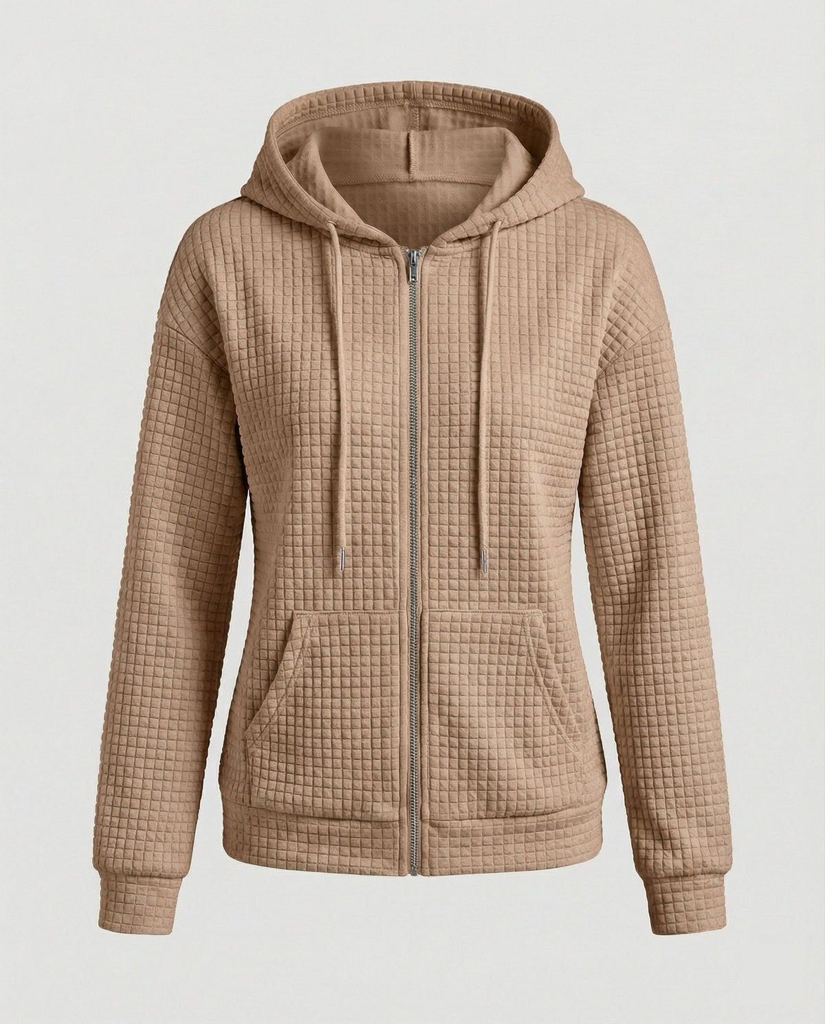 Women's Waffle Textured Fleece Jacket Hooded Full-Zip Quilted Relaxed