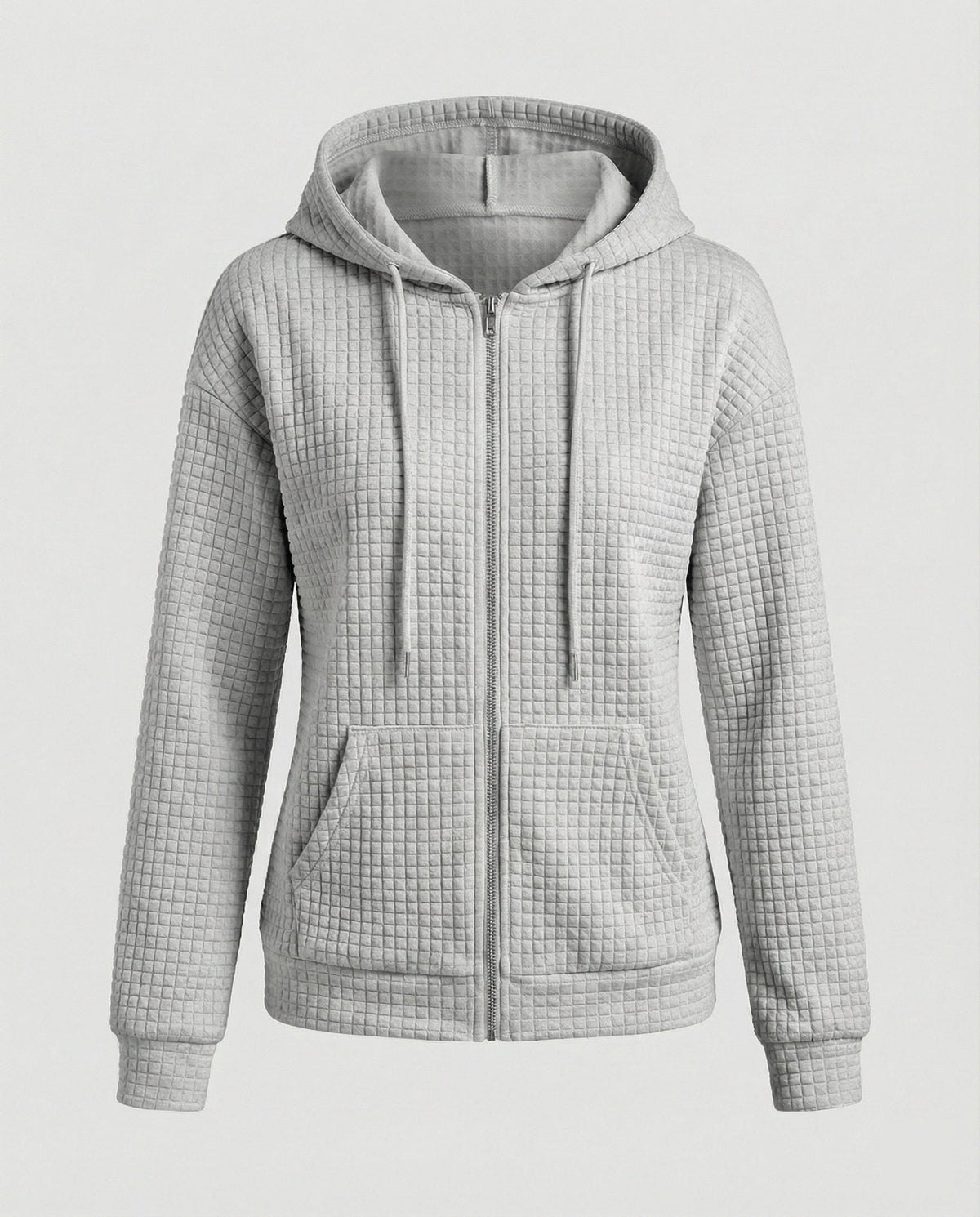 Women's Waffle Textured Fleece Jacket Hooded Full-Zip Quilted Relaxed