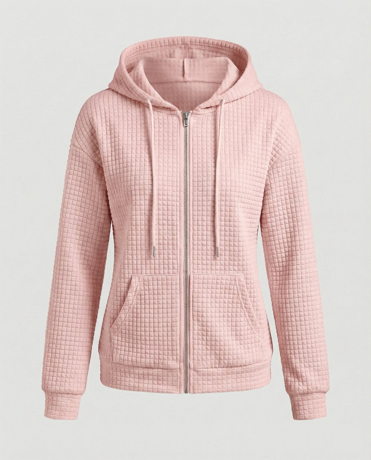 Women's Waffle Textured Fleece Jacket Hooded Full-Zip Quilted Relaxed