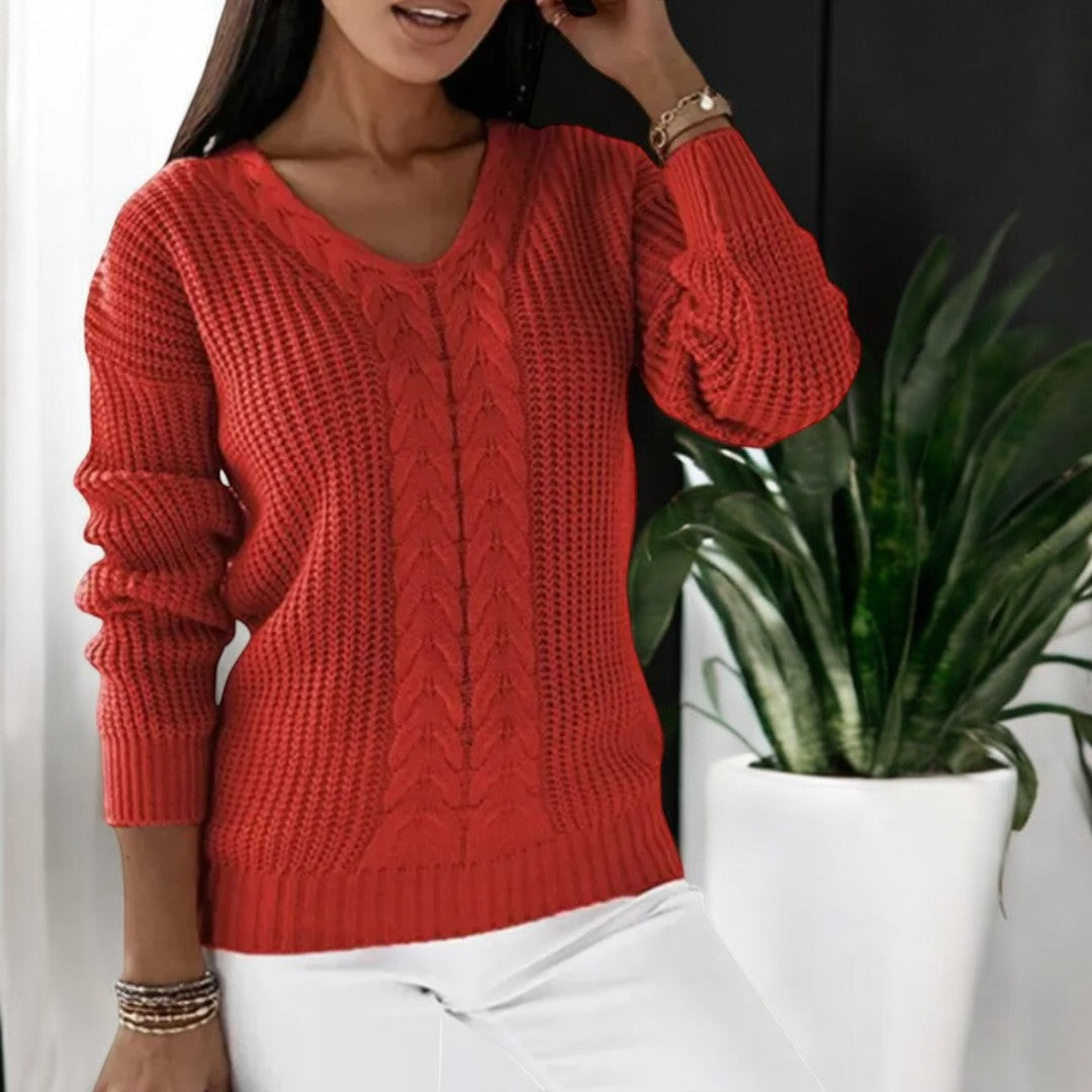 Women's Cable Knit Sweater V-Neck Waffle Textured Relaxed Long-Sleeve Pullover