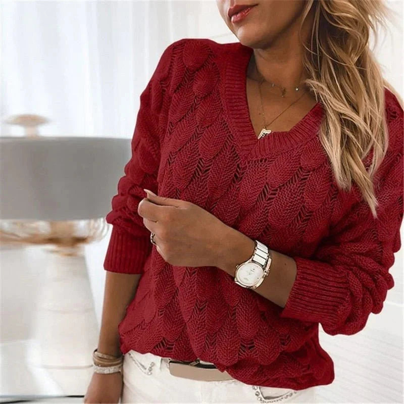 Women's Pointelle Knit Sweater V-Neck Feather Textured Scalloped Relaxed
