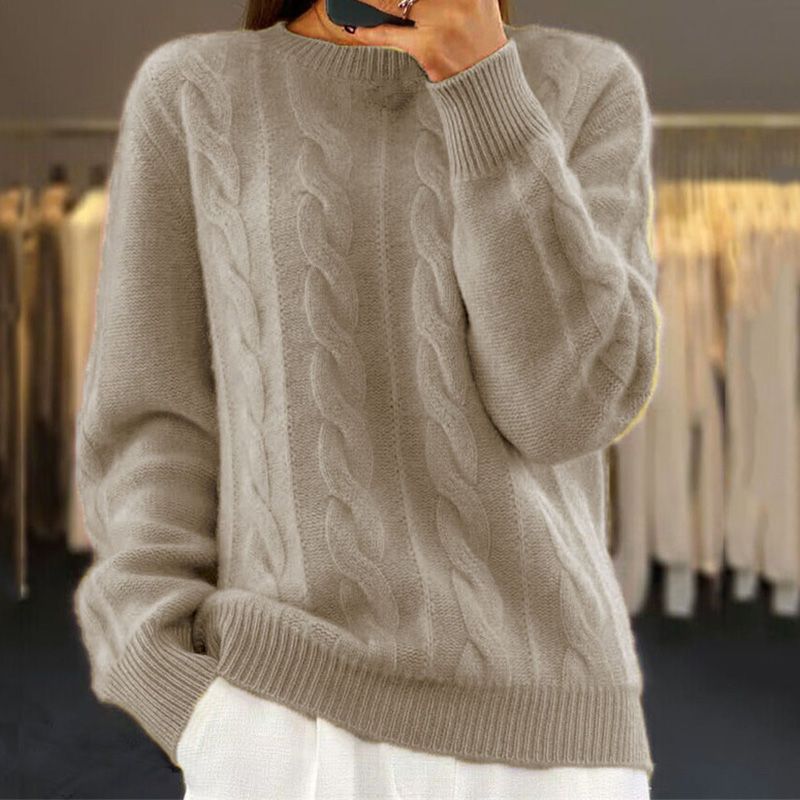 Women's Cable Knit Sweater Crewneck Soft Textured Relaxed Long-Sleeve Pullover