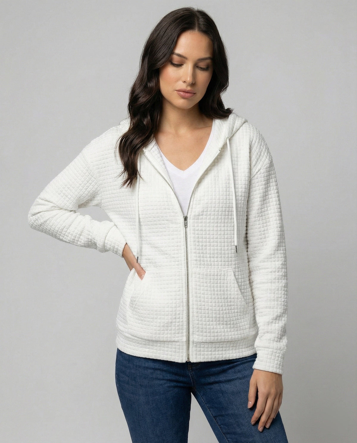 Women's Waffle Textured Fleece Jacket Hooded Full-Zip Quilted Relaxed