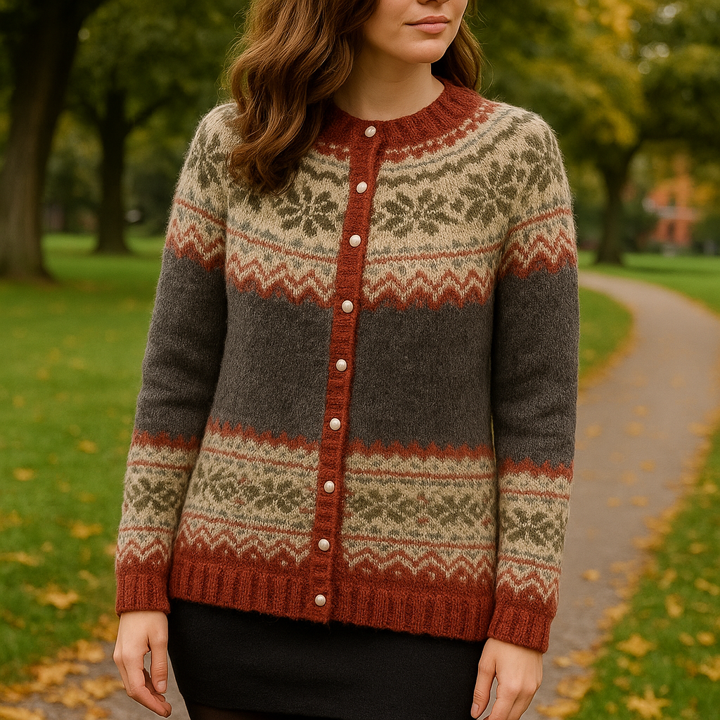 Women's Fair Isle Knit Cardigan Round Neck Button-Front Nordic Relaxed