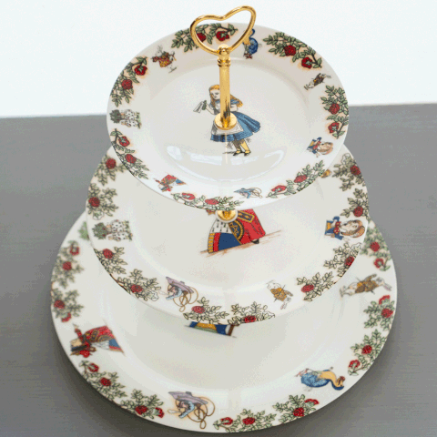 Alice In Wonderland 3 Tiered Cake Stand with Gold Heart Handle